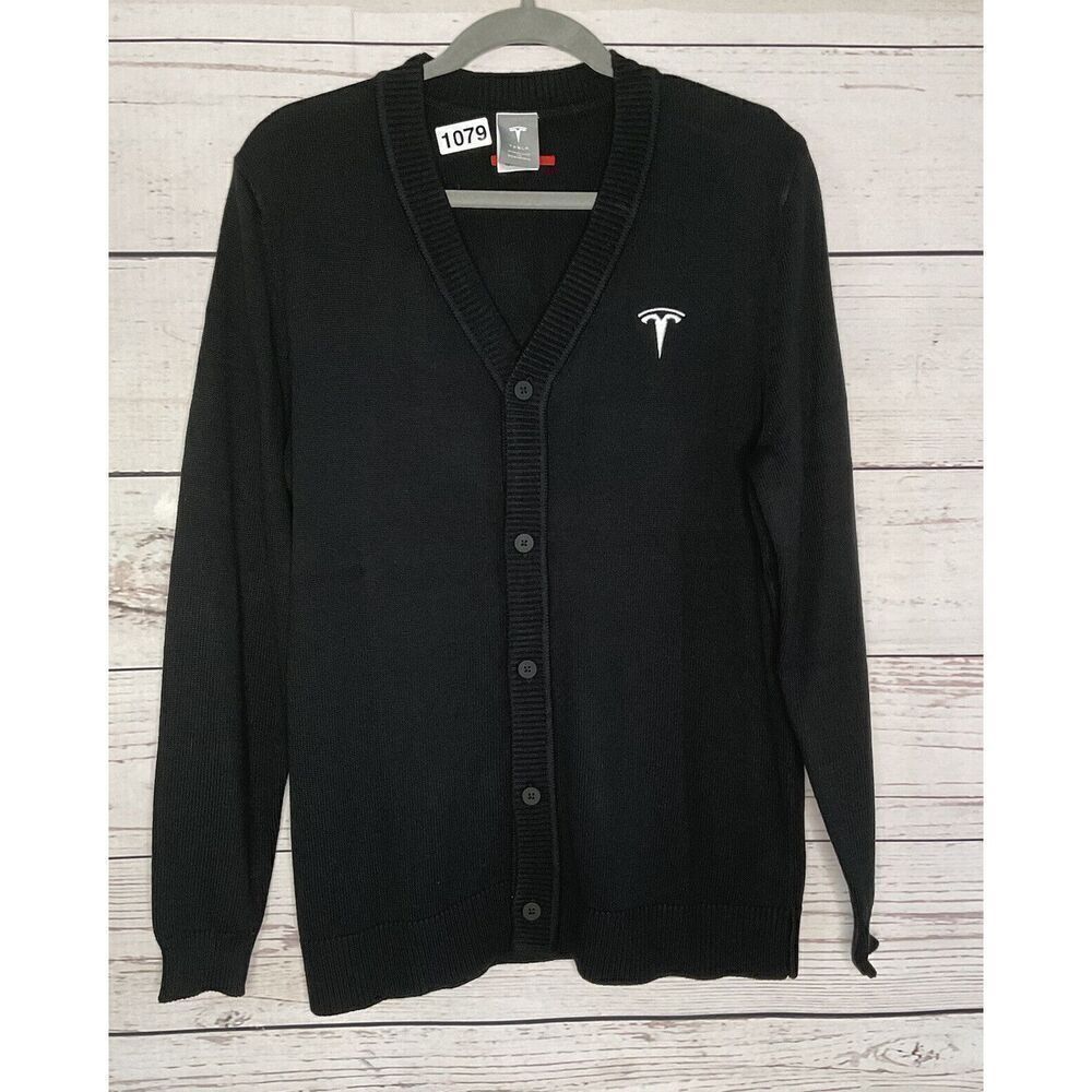 Tesla Men’s Size Medium M V-Neck Cardigan Button‎ Sweater in Black Embroidered
